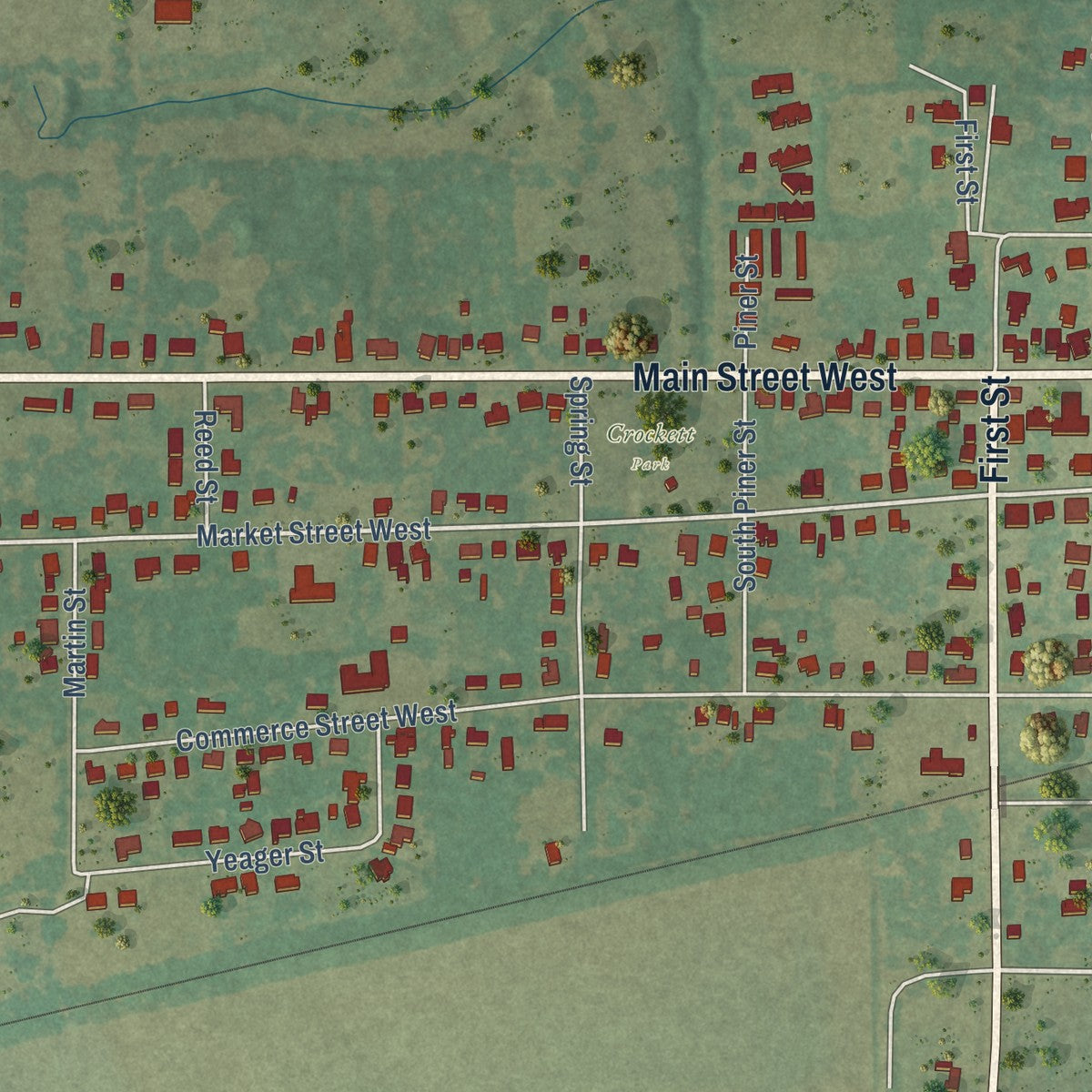 Second close-up of the map of Honey Grove, Texas print showing more streets and buildings