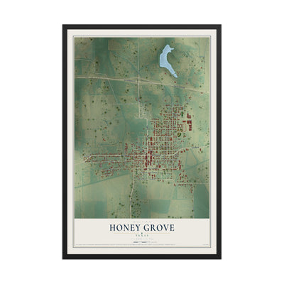 Map of Honey Grove, Texas, 12 x 18 inch print in a black wood frame