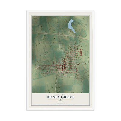 Map of Honey Grove, Texas, 12 x 18 inch print in a white wood frame