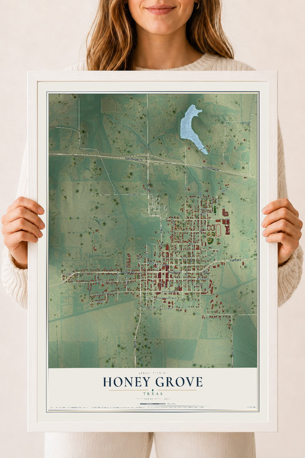 Map of Honey Grove, Texas, 18 x 24 inch print in a white wood frame