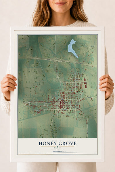 Map of Honey Grove, Texas, 18 x 24 inch print in a white wood frame
