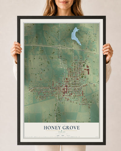 Map of Honey Grove, Texas, 24 x 36 inch print in a black wood frame