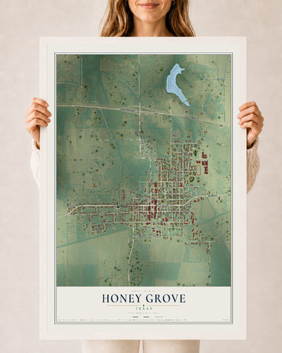 Map of Honey Grove, Texas, 24 x 36 inch print in a white wood frame