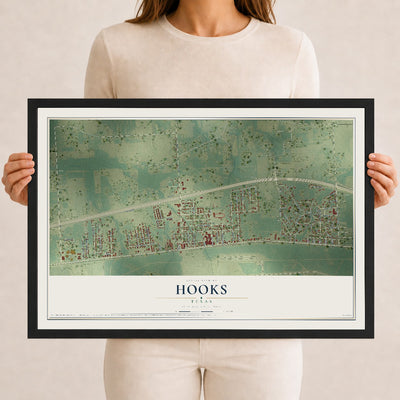 Map of Hooks, Texas, 12 x 18 inch print in a black wood frame
