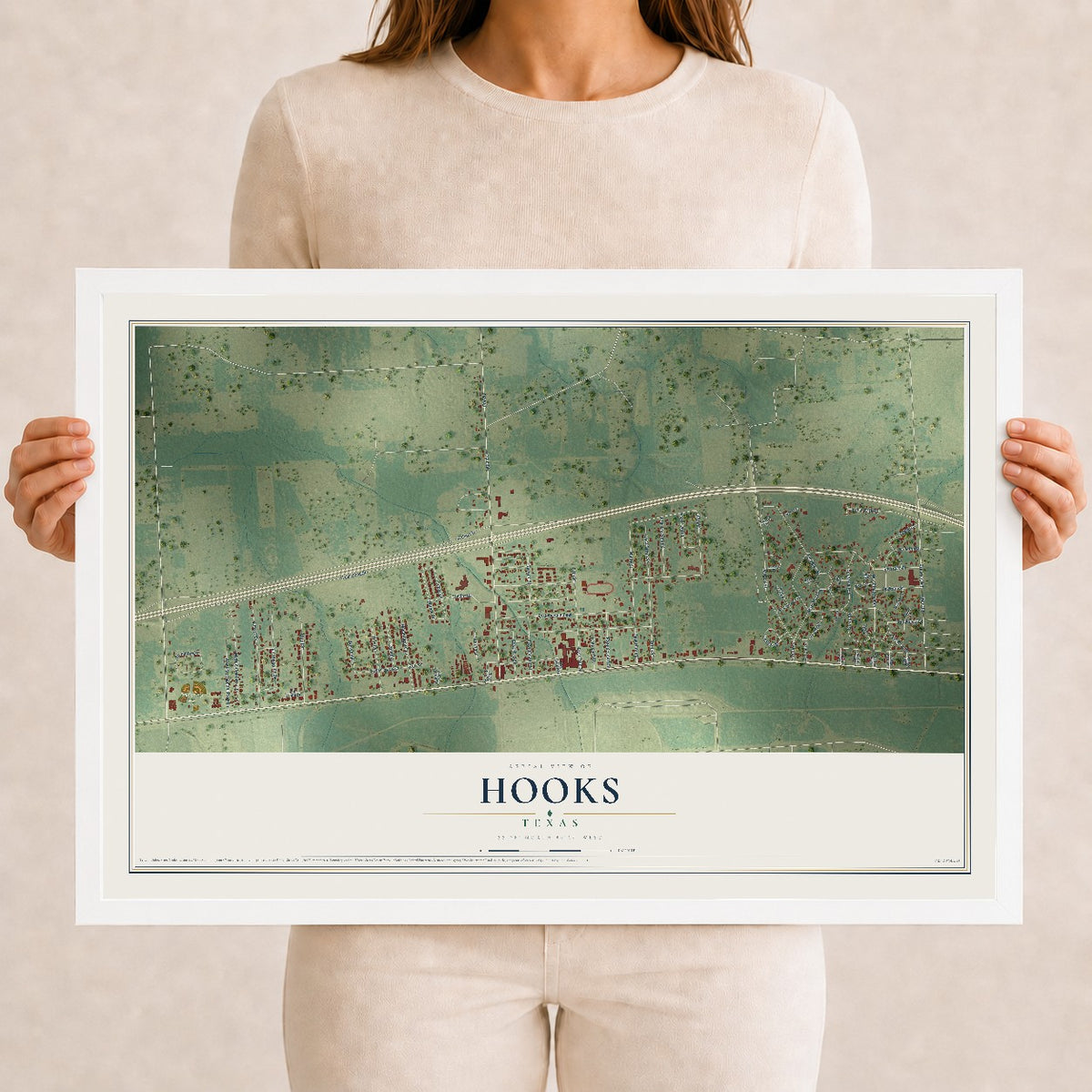 Map of Hooks, Texas, 12 x 18 inch print in a white wood frame