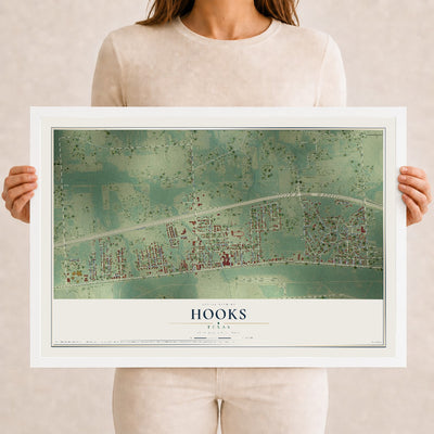 Map of Hooks, Texas, 12 x 18 inch print in a white wood frame