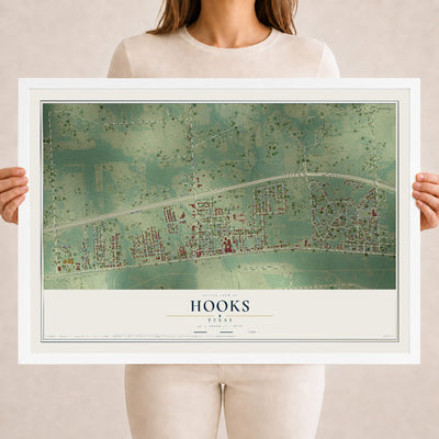 Map of Hooks, Texas, 18 x 24 inch print in a white wood frame