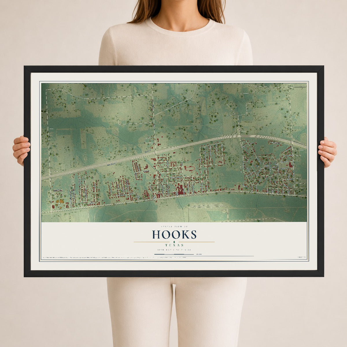 Map of Hooks, Texas, 24 x 36 inch print in a black wood frame