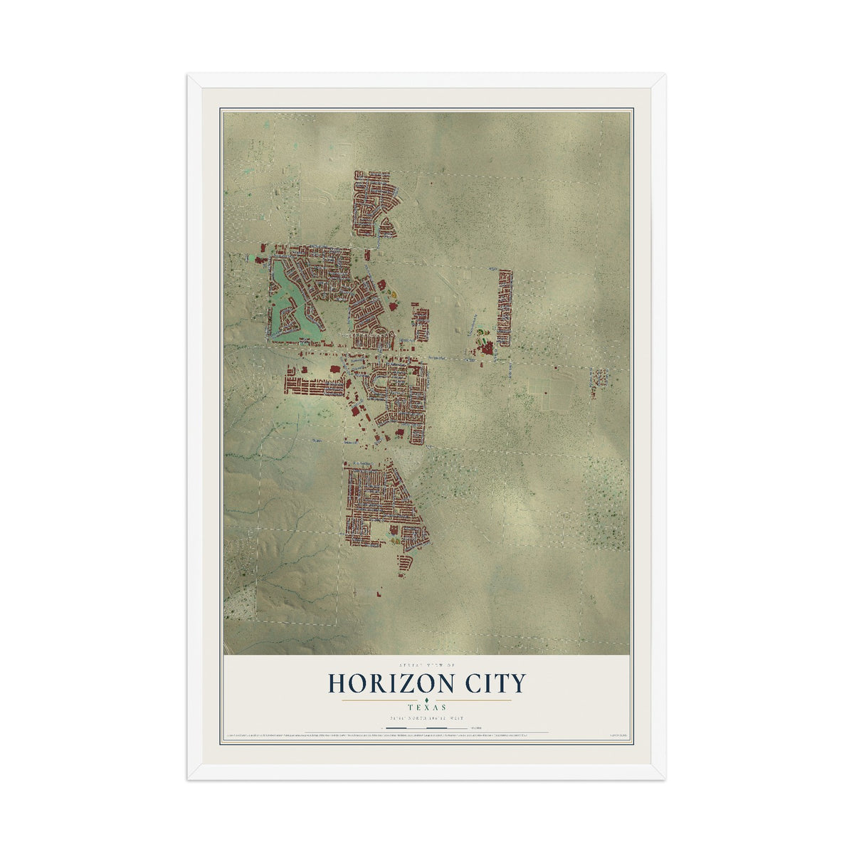 Map of Horizon City, Texas, 12 x 18 inch print in a white wood frame