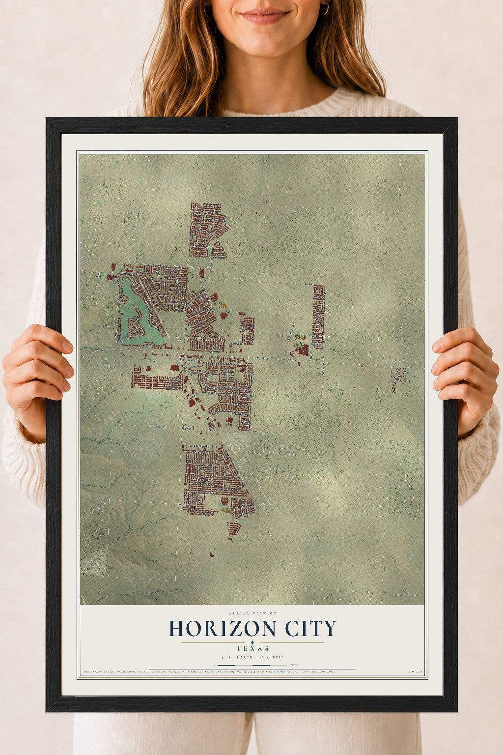 Map of Horizon City, Texas, 18 x 24 inch print in a black wood frame