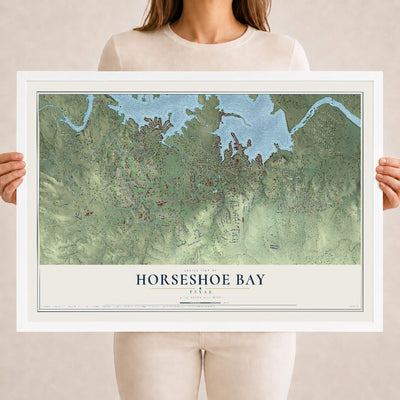 Map of Horseshoe Bay, Texas, 18 x 24 inch print in a white wood frame