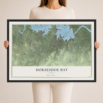 Map of Horseshoe Bay, Texas, 24 x 36 inch print in a black wood frame