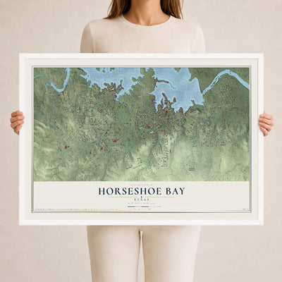 Map of Horseshoe Bay, Texas, 24 x 36 inch print in a white wood frame