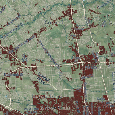 Second close-up of the map of Houston, Texas print showing more streets and buildings