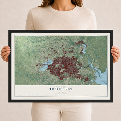 Map of Houston, Texas, 12 x 18 inch print in a black wood frame