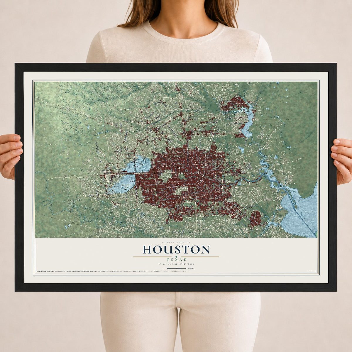 Map of Houston, Texas, 18 x 24 inch print in a black wood frame