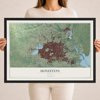 Map of Houston, Texas, 18 x 24 inch print in a black wood frame