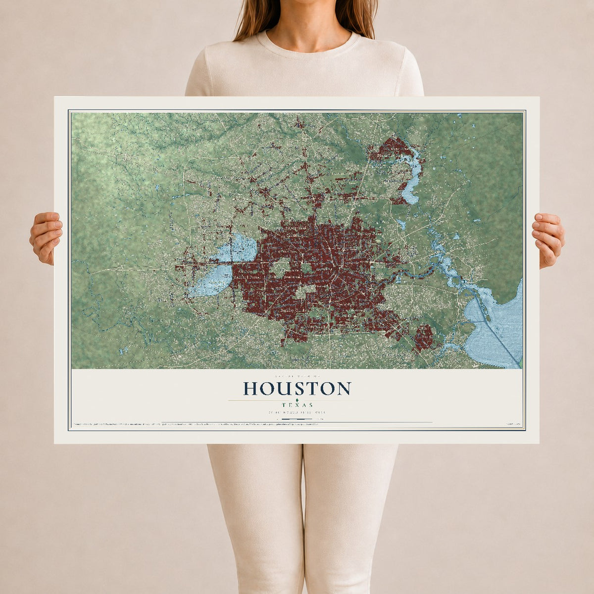 Map of Houston, Texas, 24 x 36 inch unframed archival matte print