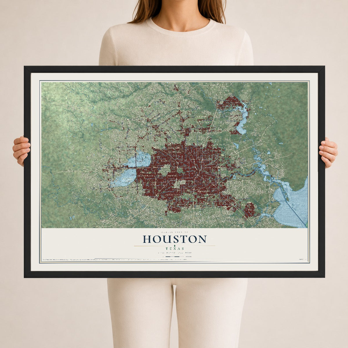 Map of Houston, Texas, 24 x 36 inch print in a black wood frame