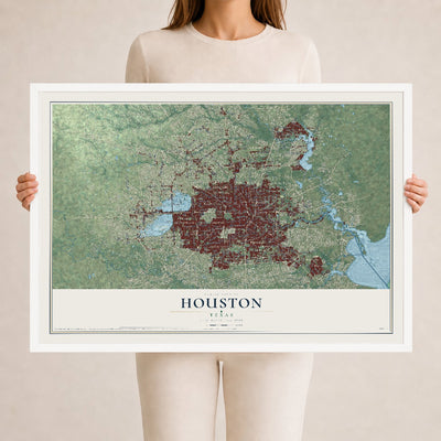Map of Houston, Texas, 24 x 36 inch print in a white wood frame