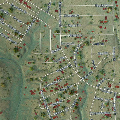 Close-up of the map of Howardwick, Texas print showing street and building detail