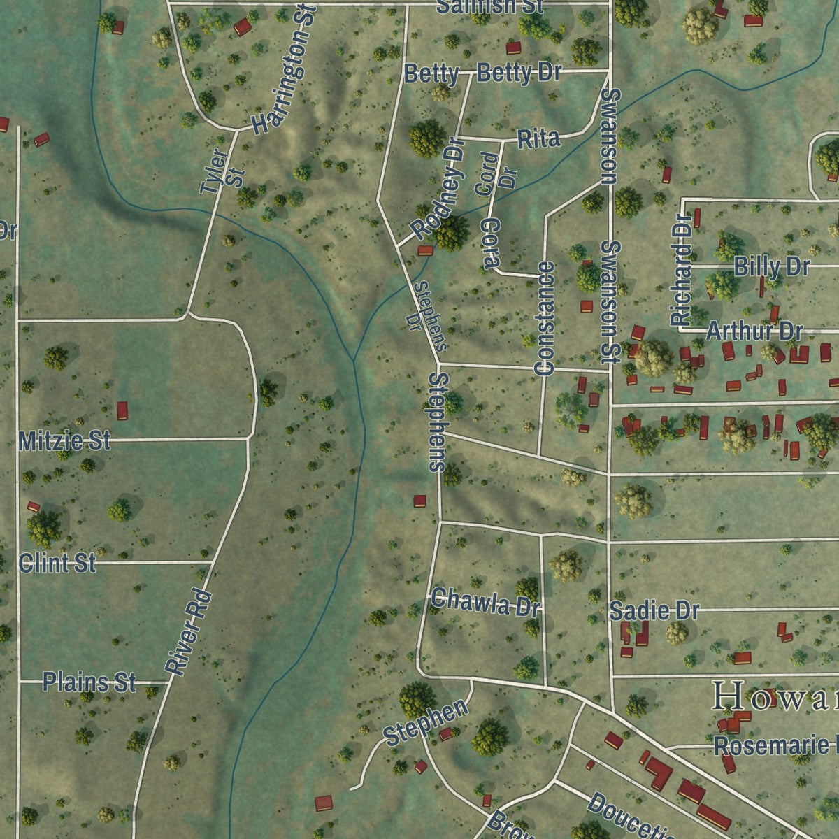 Second close-up of the map of Howardwick, Texas print showing more streets and buildings