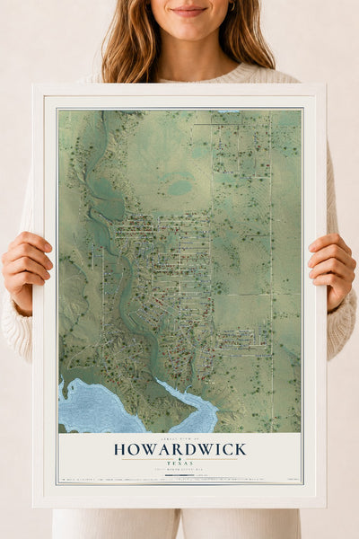 Map of Howardwick, Texas, 18 x 24 inch print in a white wood frame