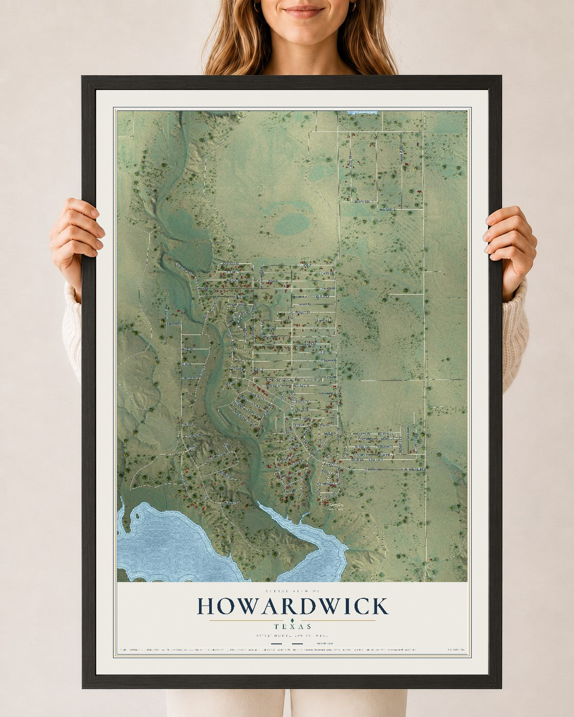 Map of Howardwick, Texas, 24 x 36 inch print in a black wood frame