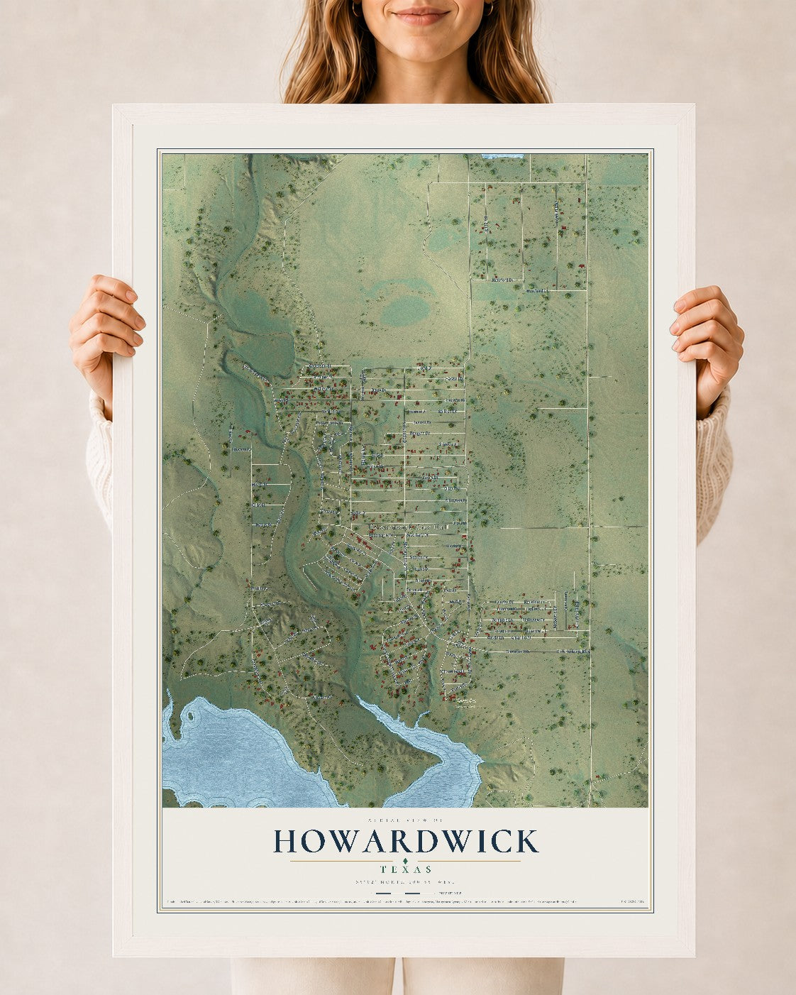 Map of Howardwick, Texas, 24 x 36 inch print in a white wood frame