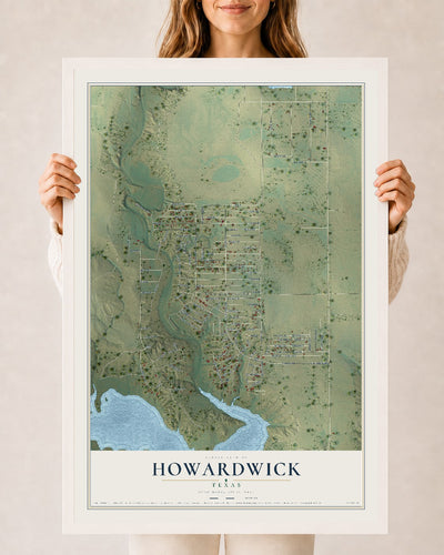 Map of Howardwick, Texas, 24 x 36 inch print in a white wood frame