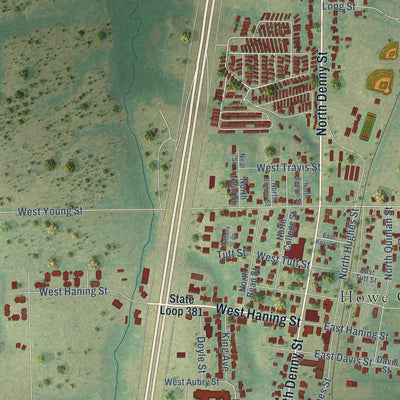 Close-up of the map of Howe, Texas print showing street and building detail