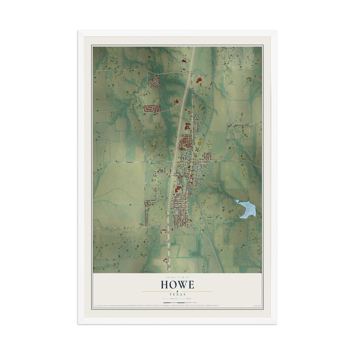 Map of Howe, Texas, 12 x 18 inch print in a white wood frame