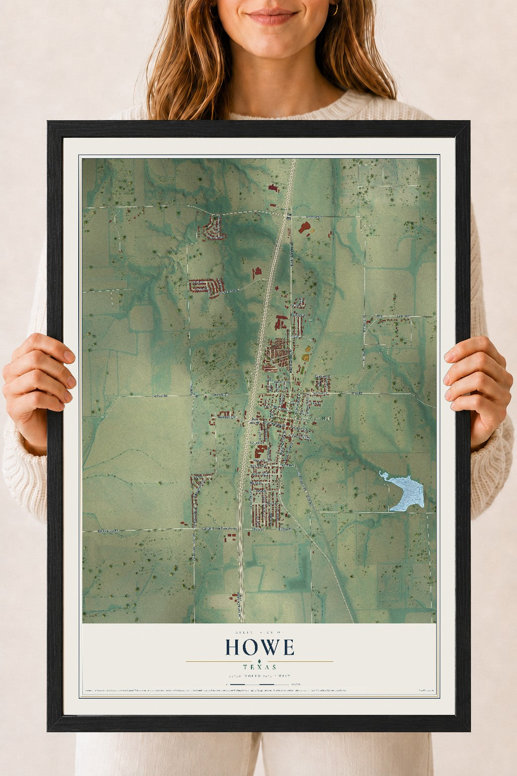 Map of Howe, Texas, 18 x 24 inch print in a black wood frame