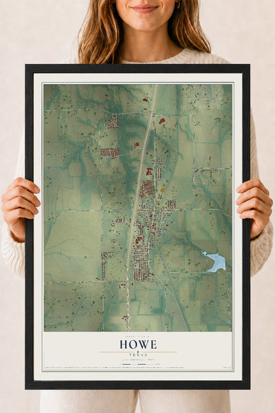 Map of Howe, Texas, 18 x 24 inch print in a black wood frame