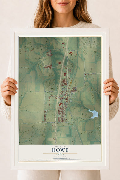 Map of Howe, Texas, 18 x 24 inch print in a white wood frame