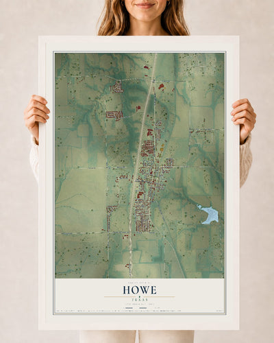 Map of Howe, Texas, 24 x 36 inch print in a white wood frame