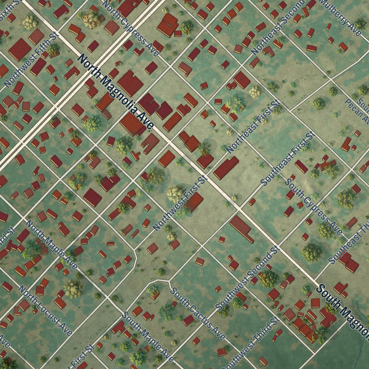 Close-up of the map of Hubbard, Texas print showing street and building detail