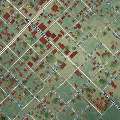 Close-up of the map of Hubbard, Texas print showing street and building detail