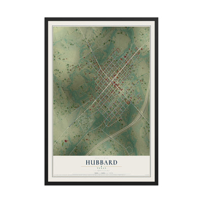 Map of Hubbard, Texas, 12 x 18 inch print in a black wood frame