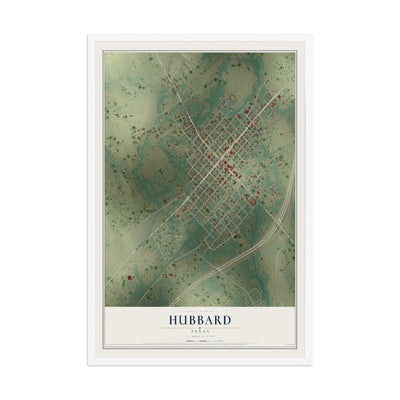 Map of Hubbard, Texas, 12 x 18 inch print in a white wood frame