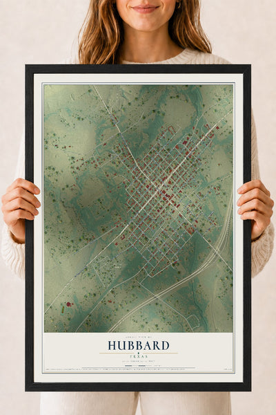 Map of Hubbard, Texas, 18 x 24 inch print in a black wood frame