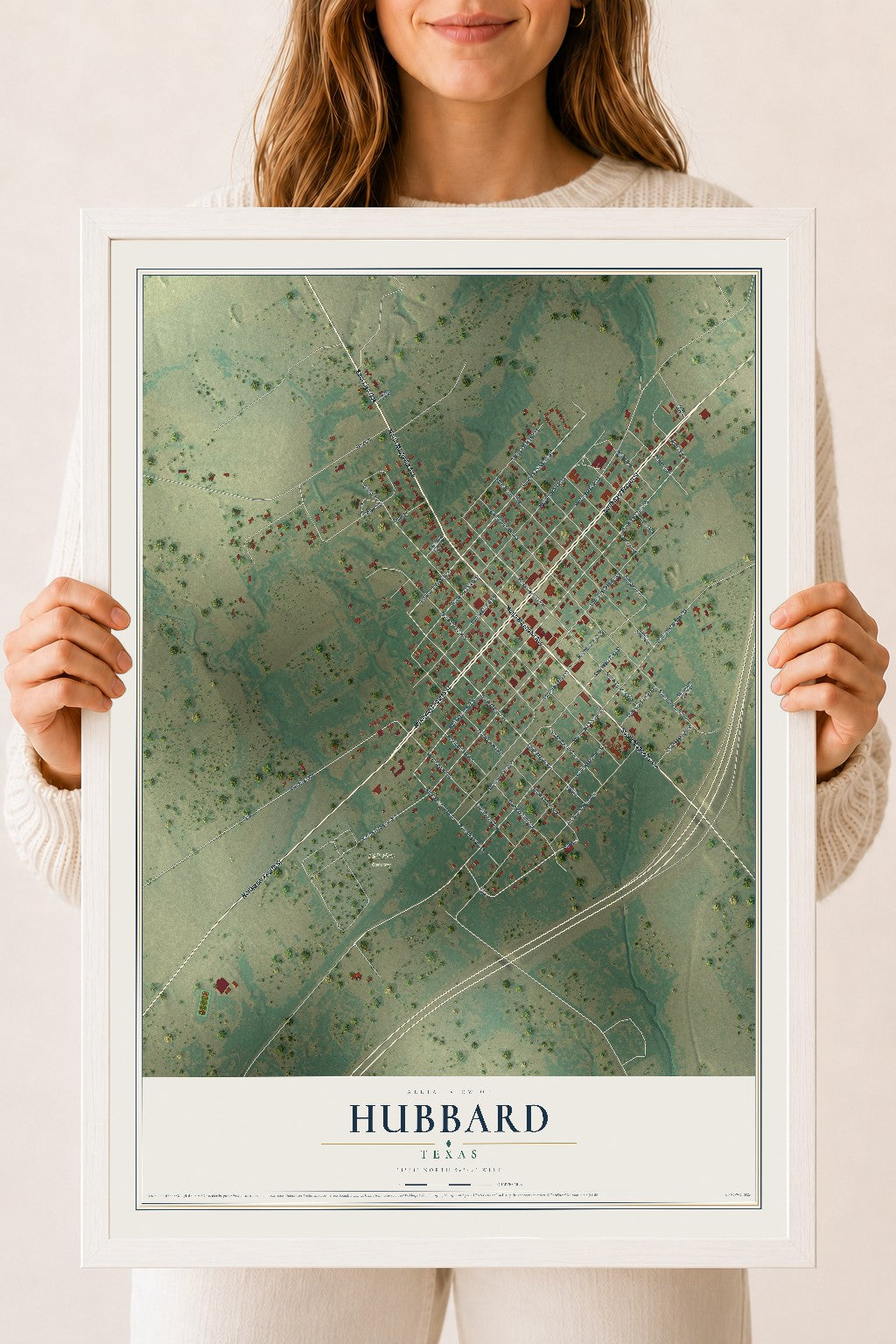 Map of Hubbard, Texas, 18 x 24 inch print in a white wood frame