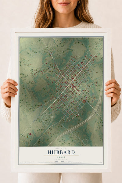 Map of Hubbard, Texas, 18 x 24 inch print in a white wood frame