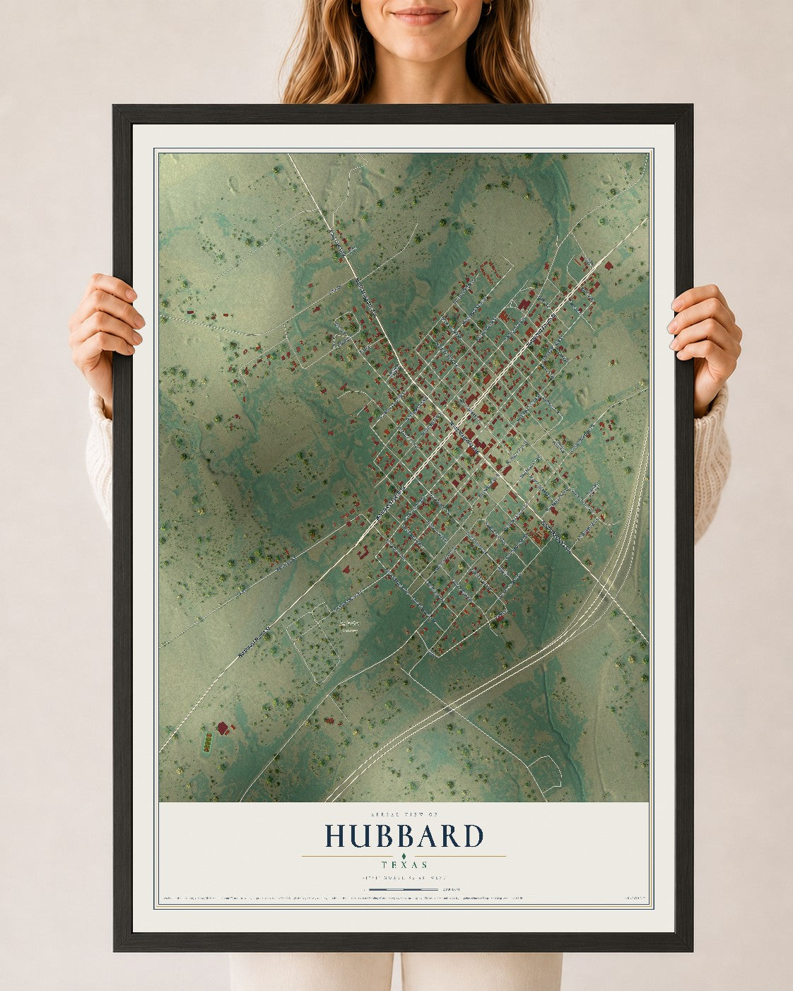 Map of Hubbard, Texas, 24 x 36 inch print in a black wood frame
