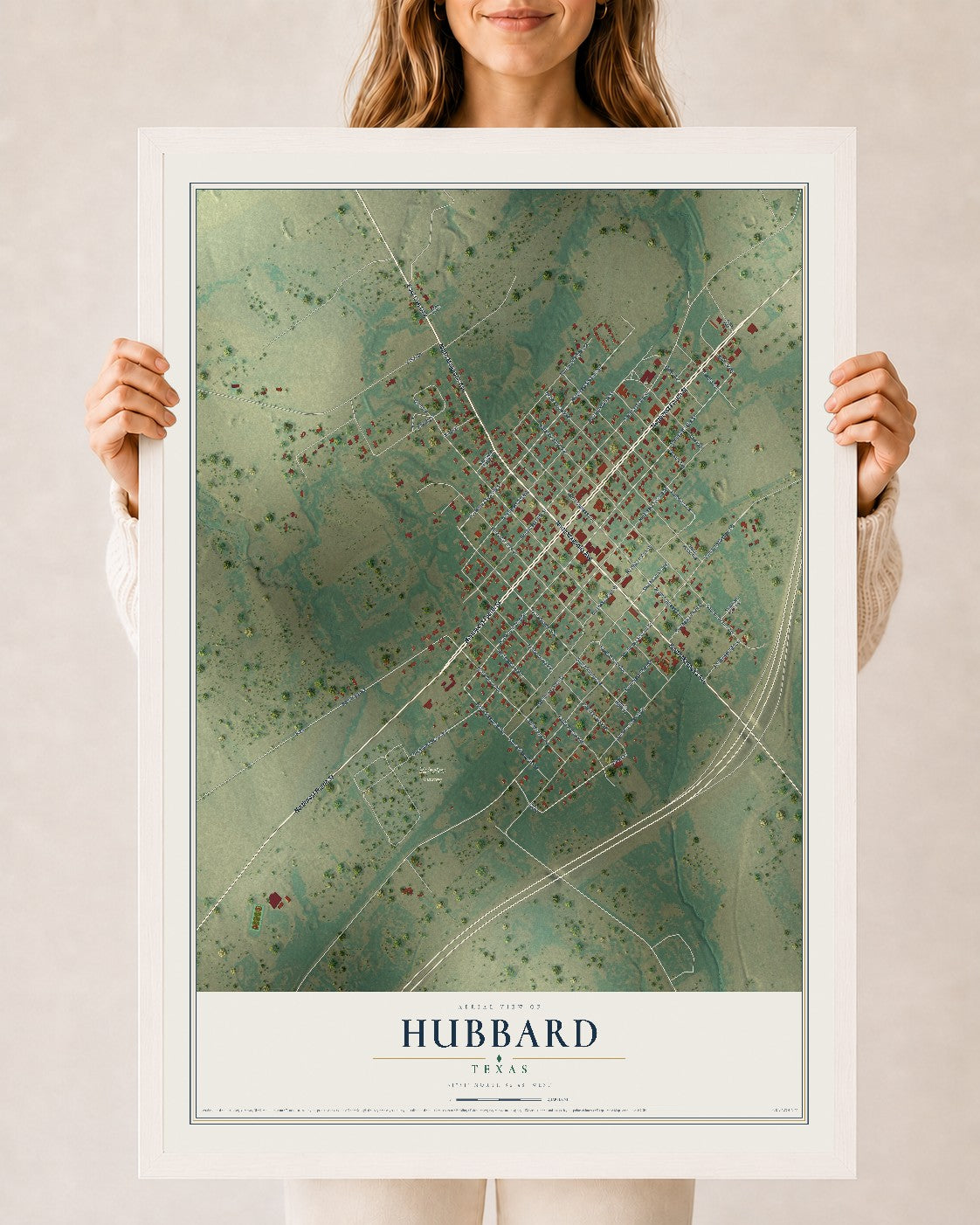 Map of Hubbard, Texas, 24 x 36 inch print in a white wood frame