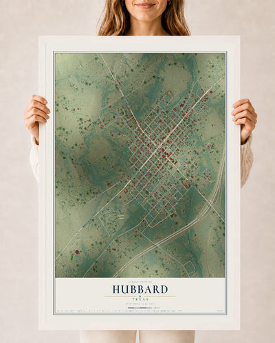 Map of Hubbard, Texas, 24 x 36 inch print in a white wood frame