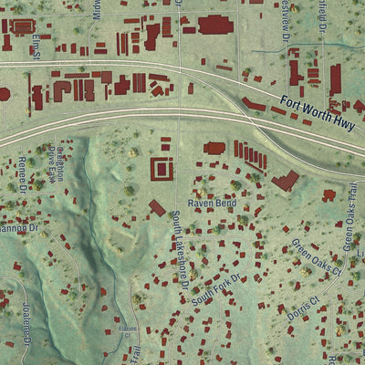 Close-up of the map of Hudson Oaks, Texas print showing street and building detail