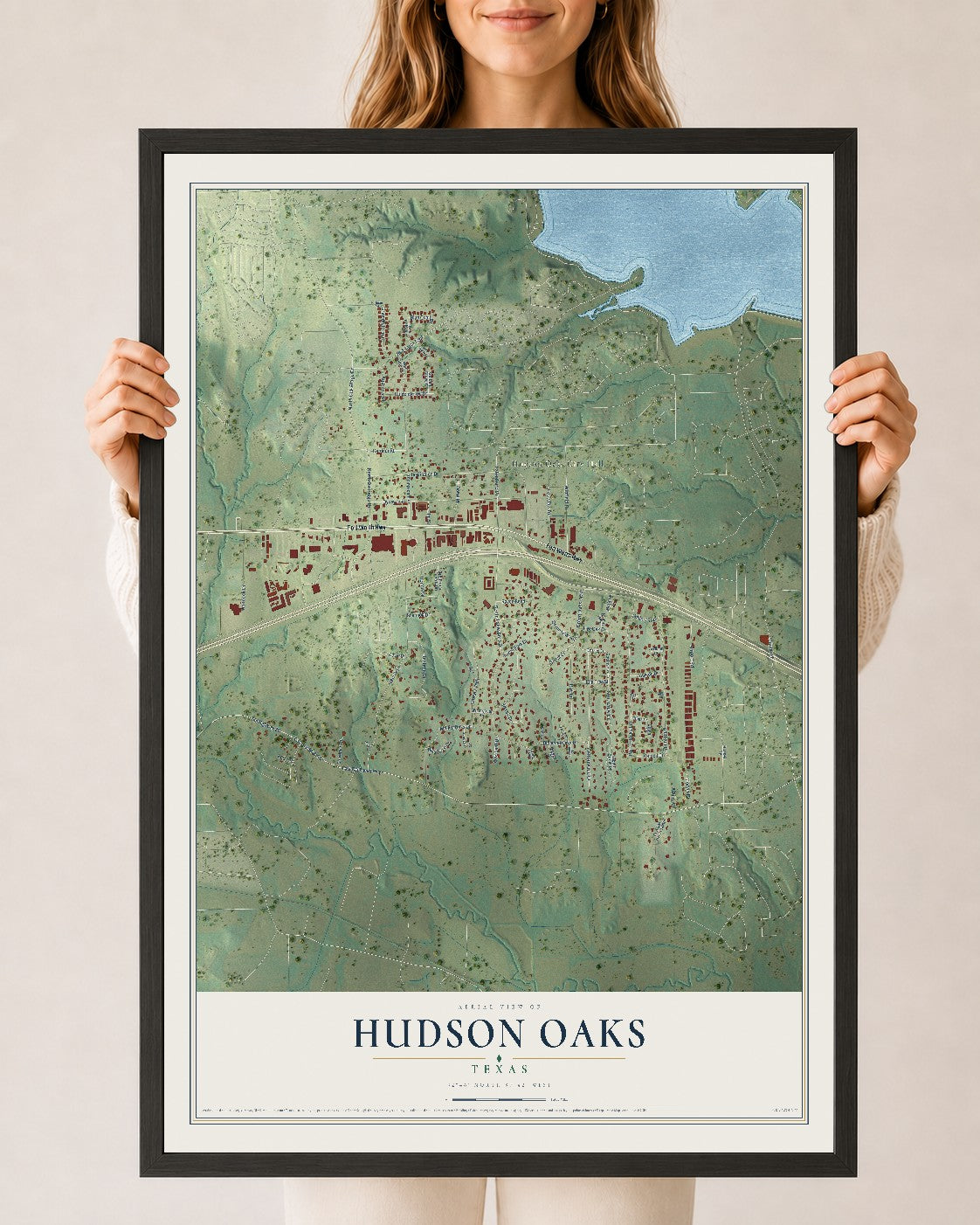 Map of Hudson Oaks, Texas, 24 x 36 inch print in a black wood frame