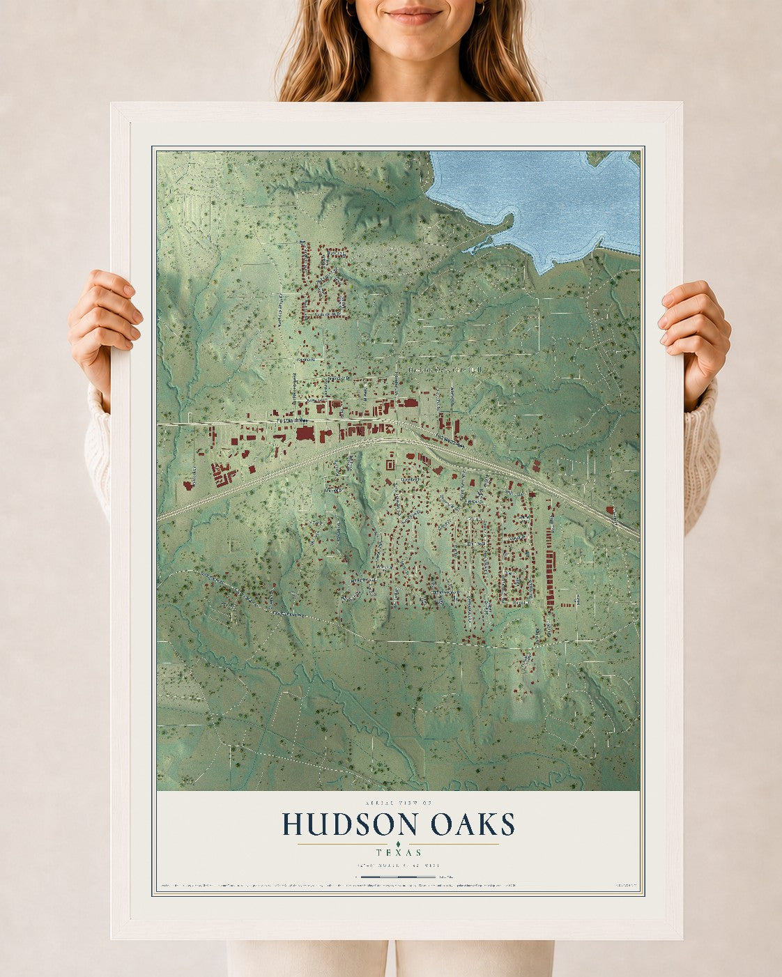 Map of Hudson Oaks, Texas, 24 x 36 inch print in a white wood frame