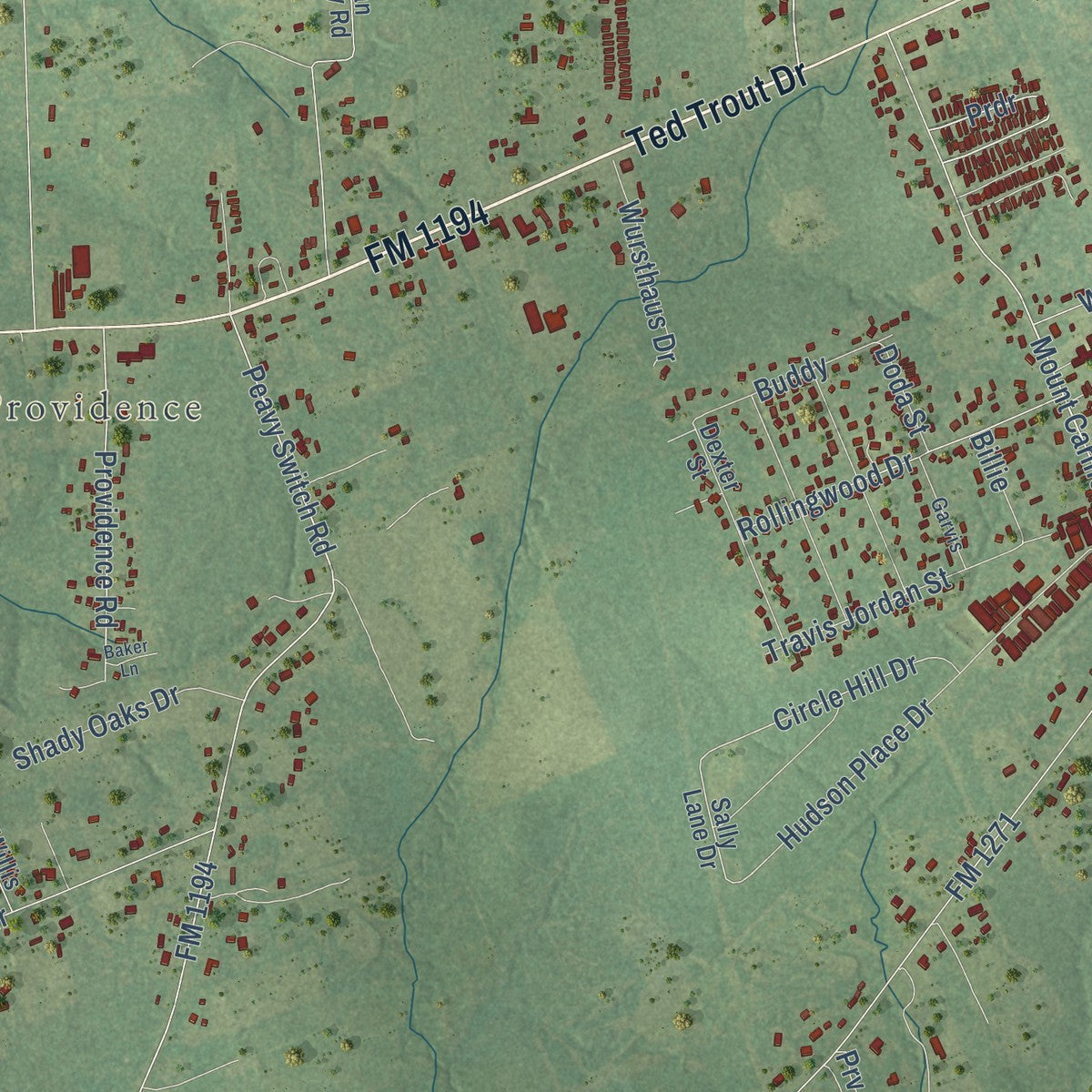 Close-up of the map of Hudson, Texas print showing street and building detail